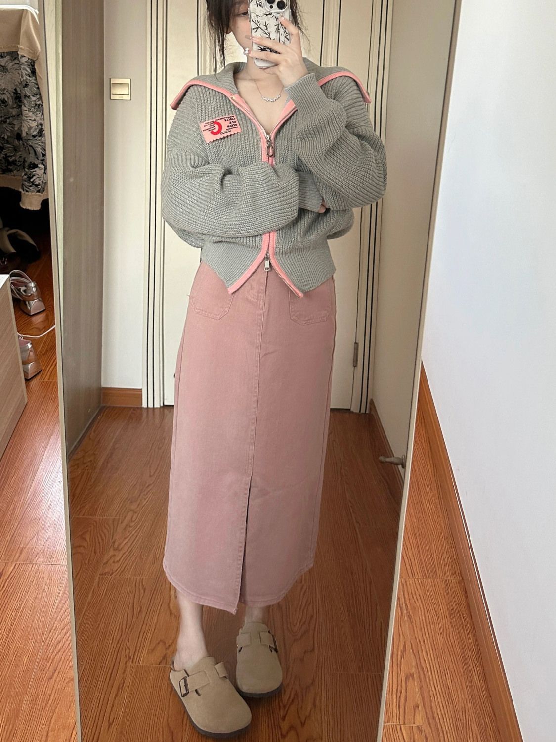 大碼女秋季套裝女2023新款輕熟撞色雙拉鏈針織開衫毛衣開叉半身裙