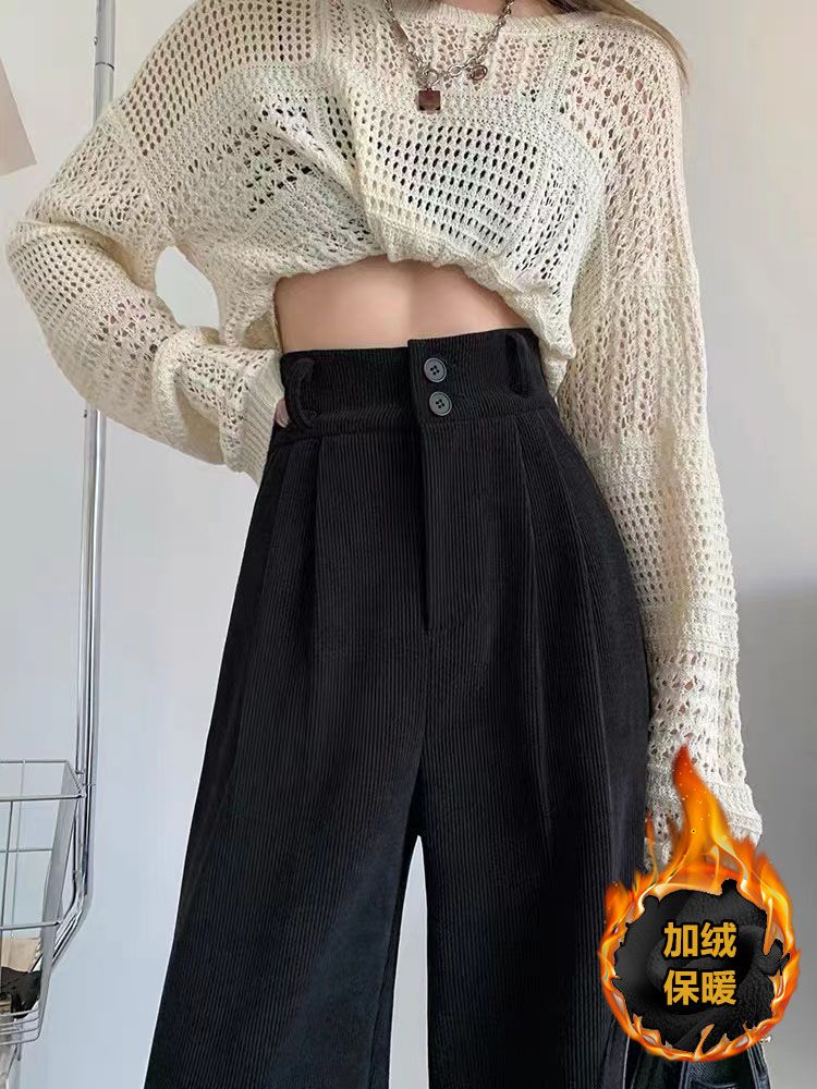 雪尼爾西裝闊腿褲女2023秋冬高腰垂感加絨加厚小個子燈芯絨直筒褲