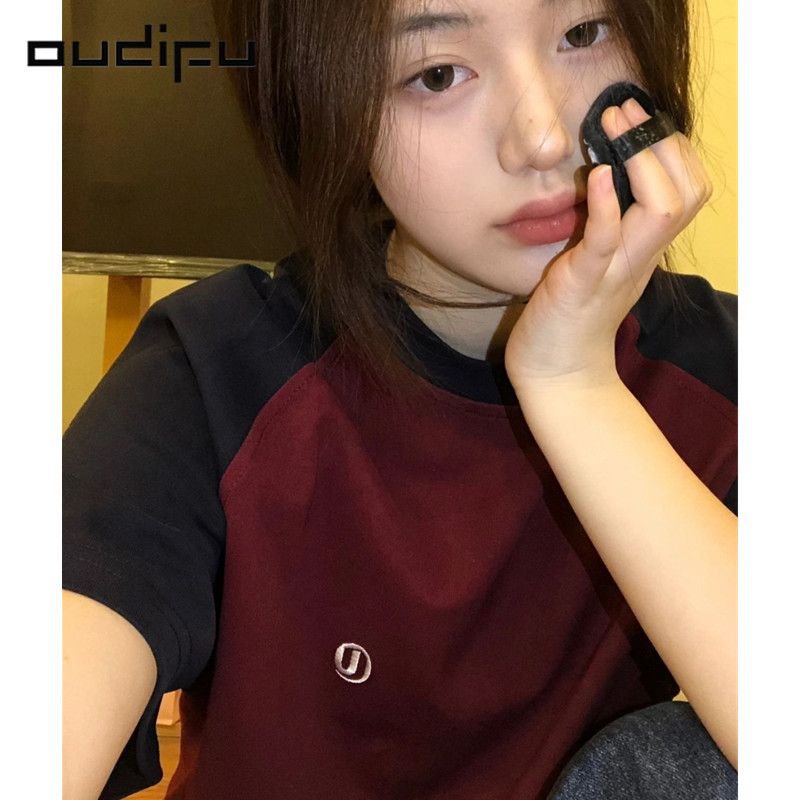 OUDIFU100%純棉美式寬鬆拼色插肩短袖t恤女夏季新款設計感上衣潮