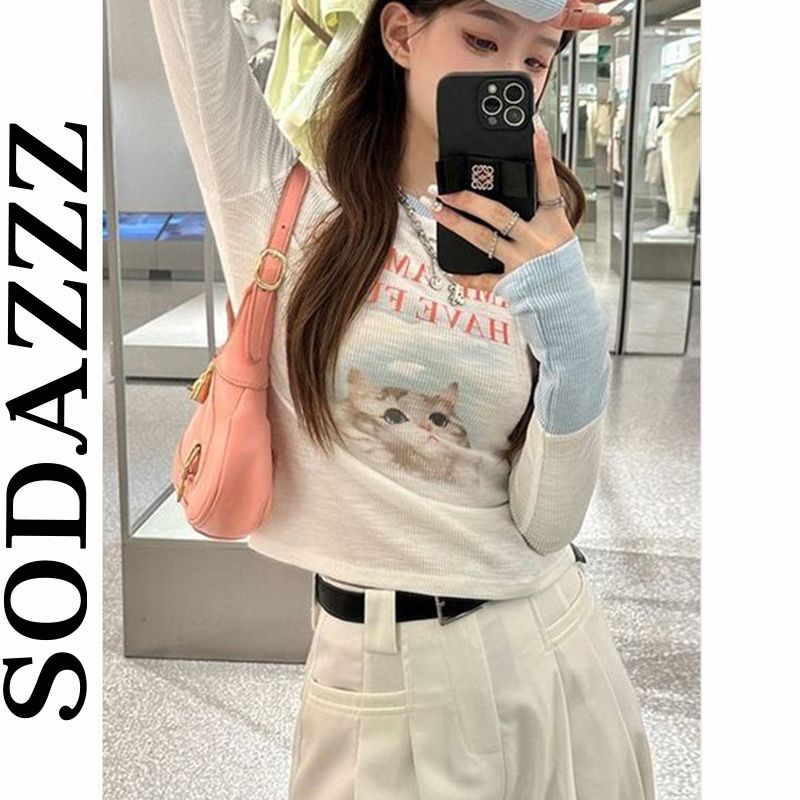甜美減齡女裝修身顯瘦貓咪印花長袖T恤女秋季新款直筒休閒上衣潮