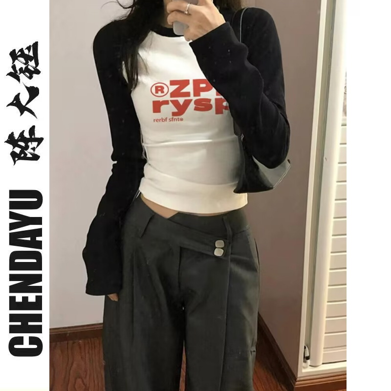 潮牌甜酷原創字母印花插肩長袖T恤女秋季新款莫代爾修身顯瘦上衣