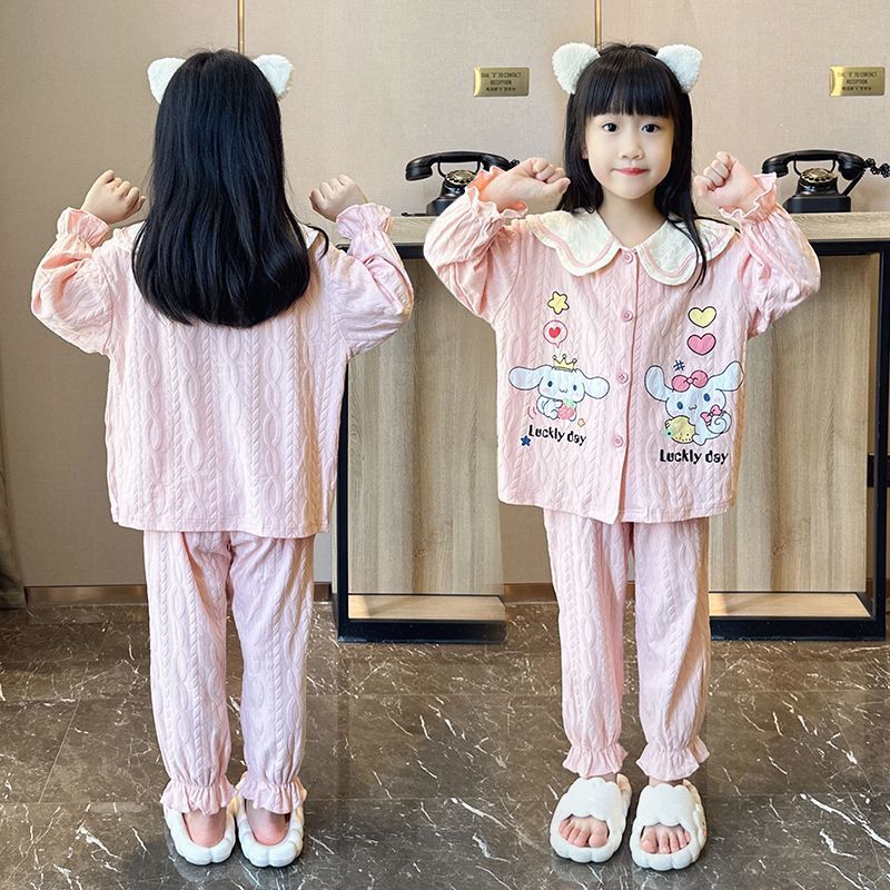 Pure cotton children's pajamas girls spring and autumn thin long-sleeved cardigan set for older children cute cartoon home clothes