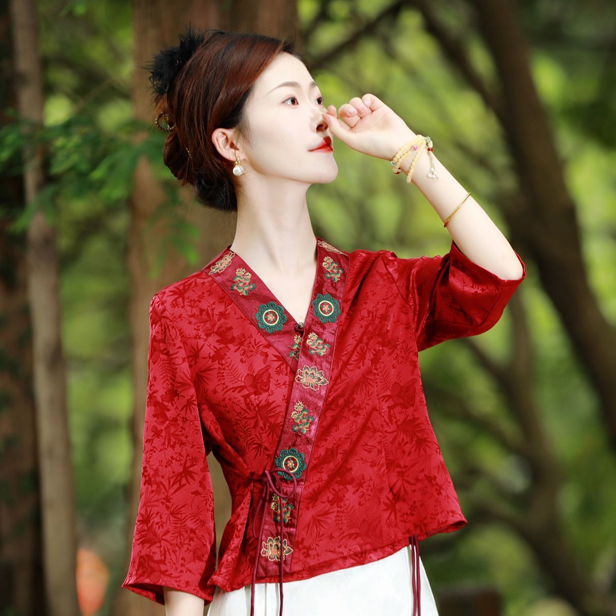 素娘夏季新款女式面料柔软七分袖拼接新中式国风气质刺绣开衫外套