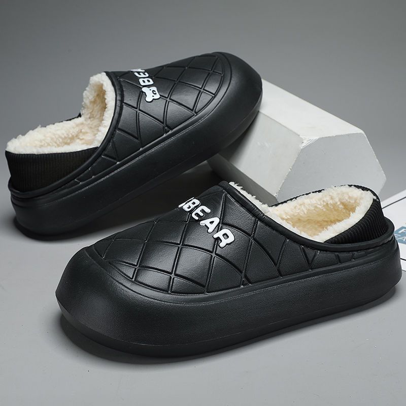 Thick-soled cotton slippers for men, winter outdoor wear, indoor soft-soled plus velvet, warm, non-slip, versatile EVA toe-toe cotton shoes for women