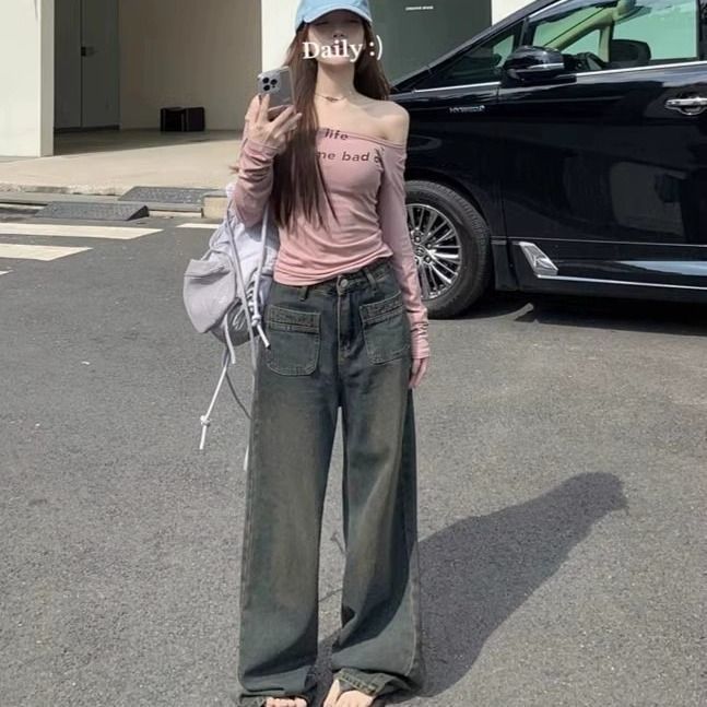 美式復古水洗做舊牛仔褲女裝秋季褲子高腰直筒闊腿褲寬鬆拖地長褲