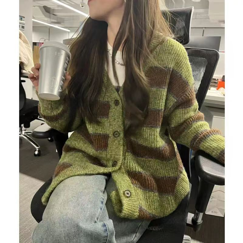 古着日系慵懶風撞色條紋毛衣女秋冬復古高級感溫柔風軟糯開衫外套