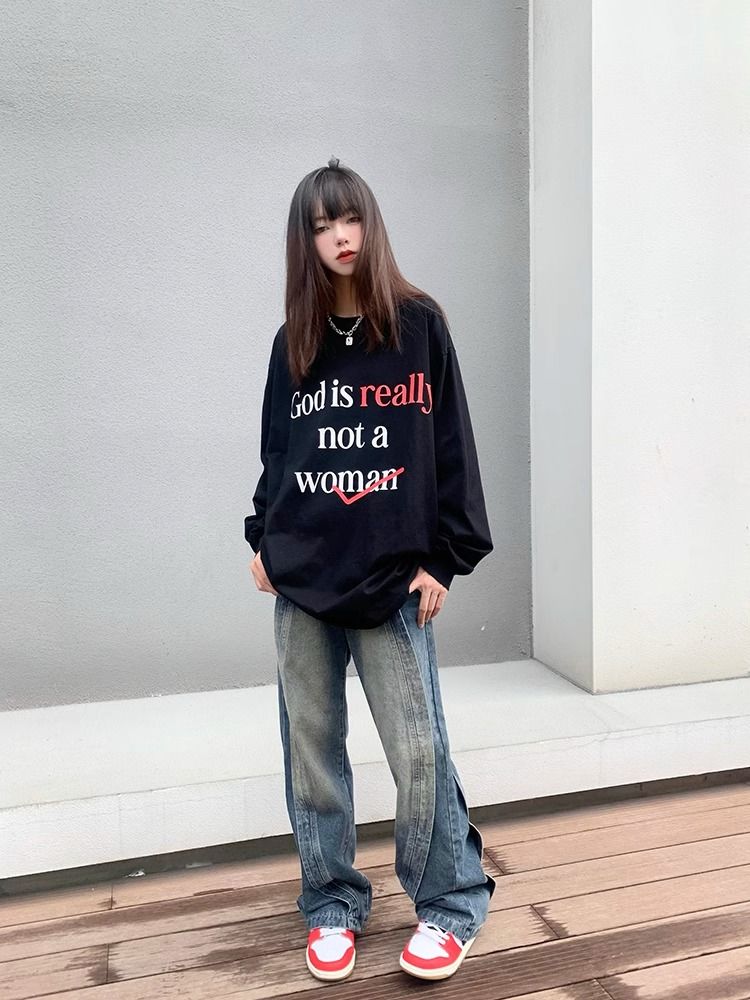 280g重磅純棉美式復古字母印花打底衫oversize潮牌中長款情侶上衣
