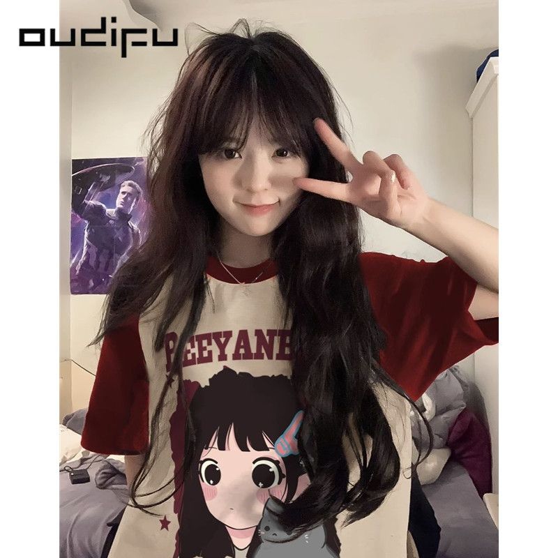 OUDIFU100%純棉插肩袖短袖t恤女寬鬆夏季可愛甜美酒紅色溫柔上衣