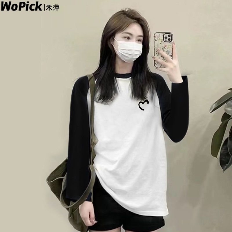 黑白撞色插肩長袖t恤女設計感小眾ins潮春秋季寬鬆內搭打底衫上衣
