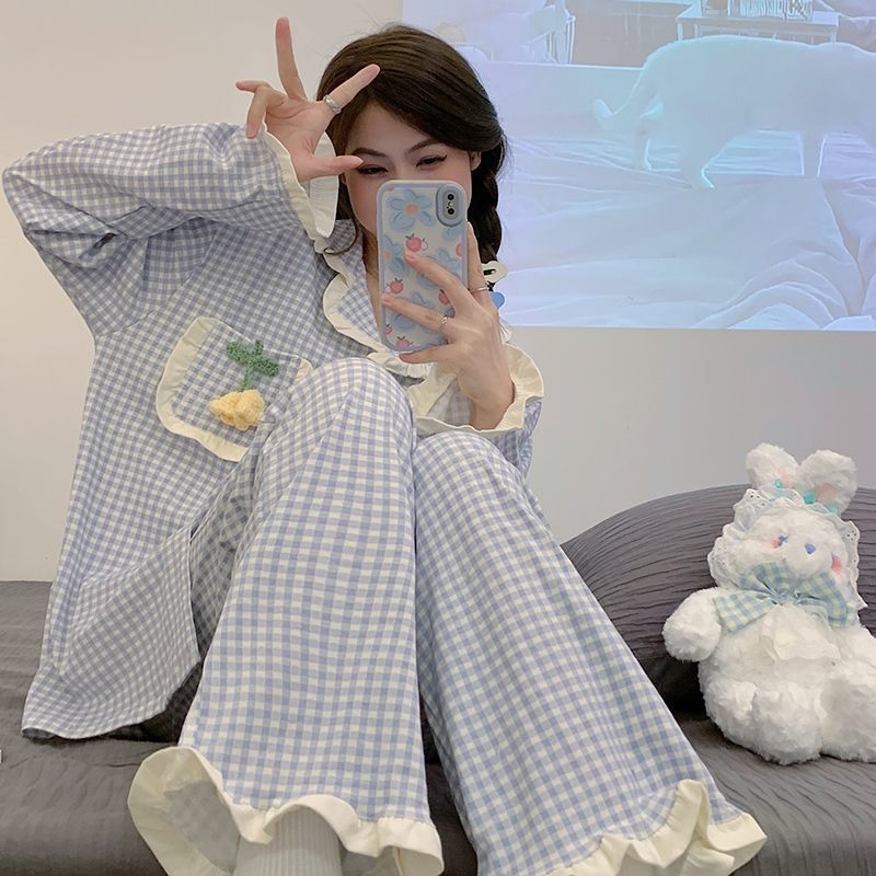 ins公主風睡衣女春秋新款荷葉邊長袖長褲甜美可愛格子家居服套裝