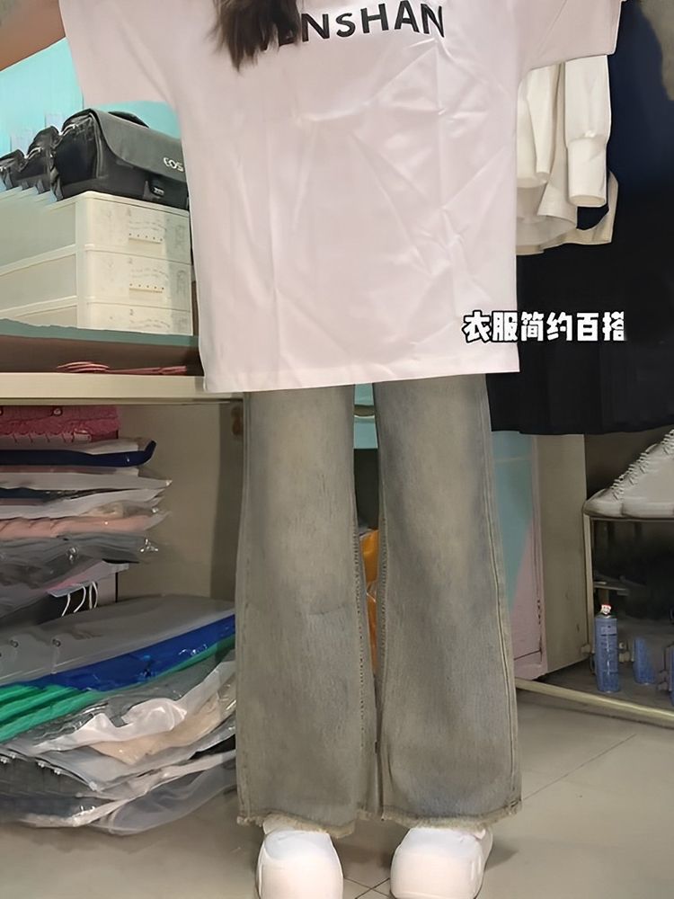 高腰個性牛仔褲女秋季新款美式辣妹高街寬鬆復古毛邊拖地闊腿褲