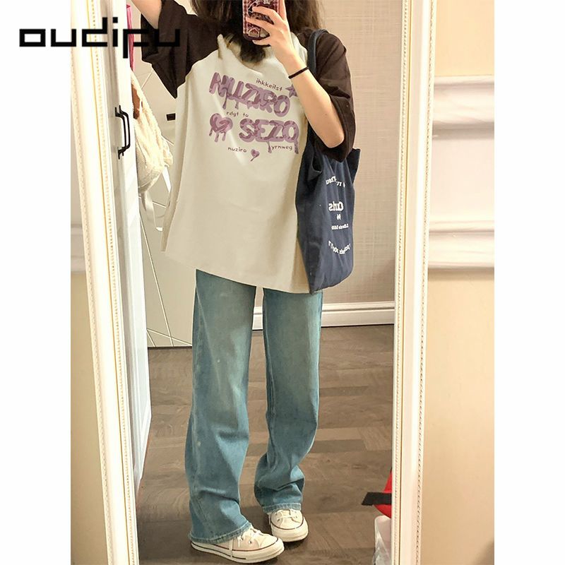 OUDIFU100%純棉插肩短袖寬鬆t恤女夏季新款美式原創設計感上衣ins