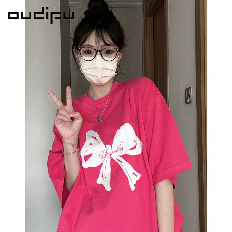 OUDIFU100%純棉百搭純棉短袖t恤女夏季新款簡約復古小眾上衣ins潮