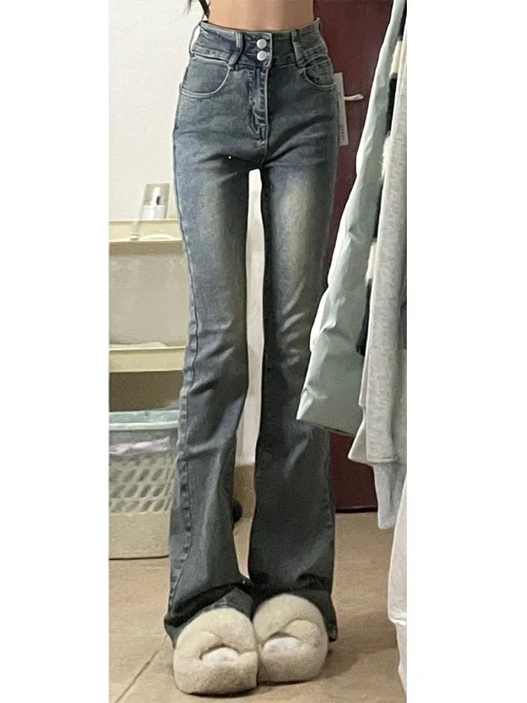 復古微喇叭牛仔褲女秋季新款雙扣子高腰緊身顯瘦百搭直筒拖地褲子