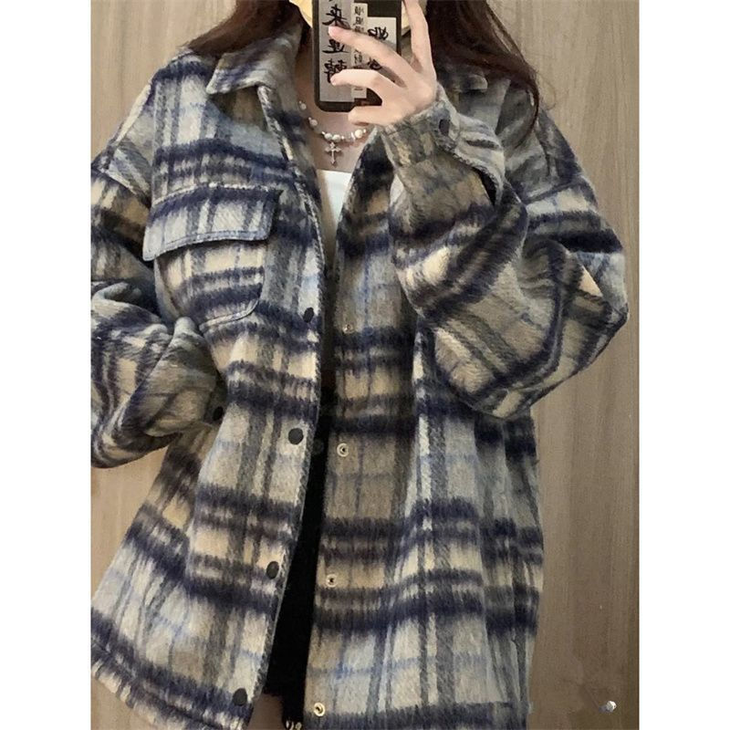 長毛呢格子2023年春秋季新款oversize情侶美式街頭嘻哈寬鬆外套女