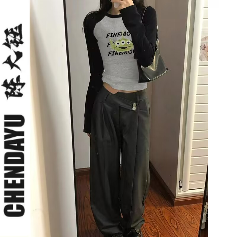 American retro print color matching long-sleeved slim T-shirt for women autumn new dopamine wear hot girl short top