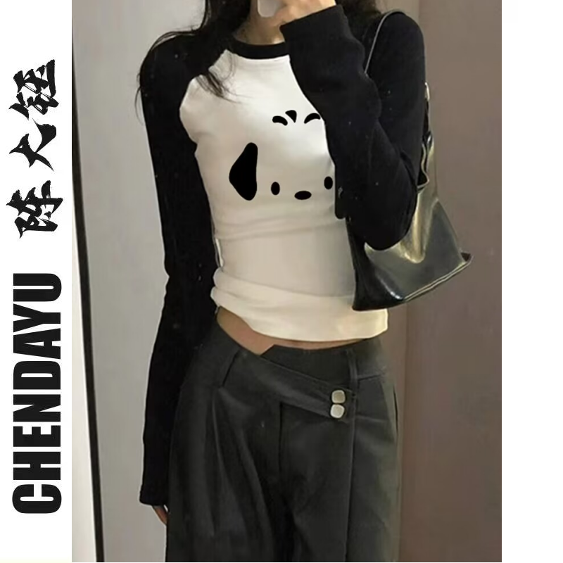 High street sweet and cool hot girl black and white raglan long-sleeved T-shirt women's autumn new modal slim fit top