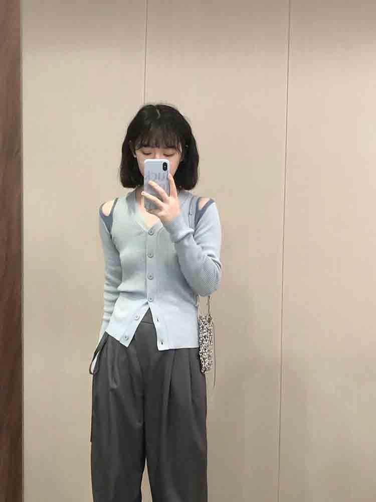秋季套裝女2023新款韓系甜辣針織撞色露肩開衫垂墜感闊腿褲兩件套