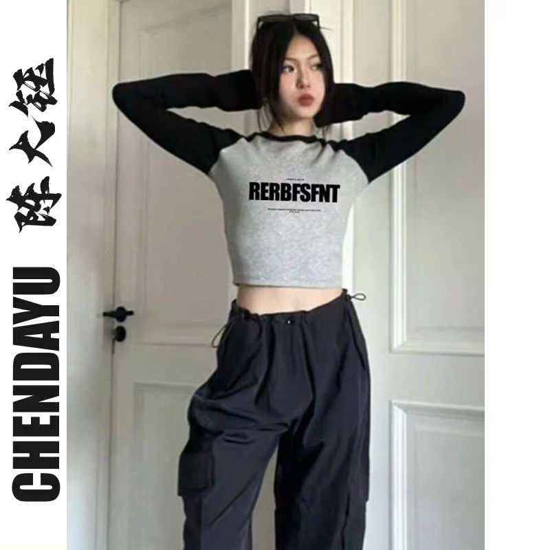 潮牌甜妹短款莫代爾插肩T恤女秋季新款原創字母印花修身掐腰上衣