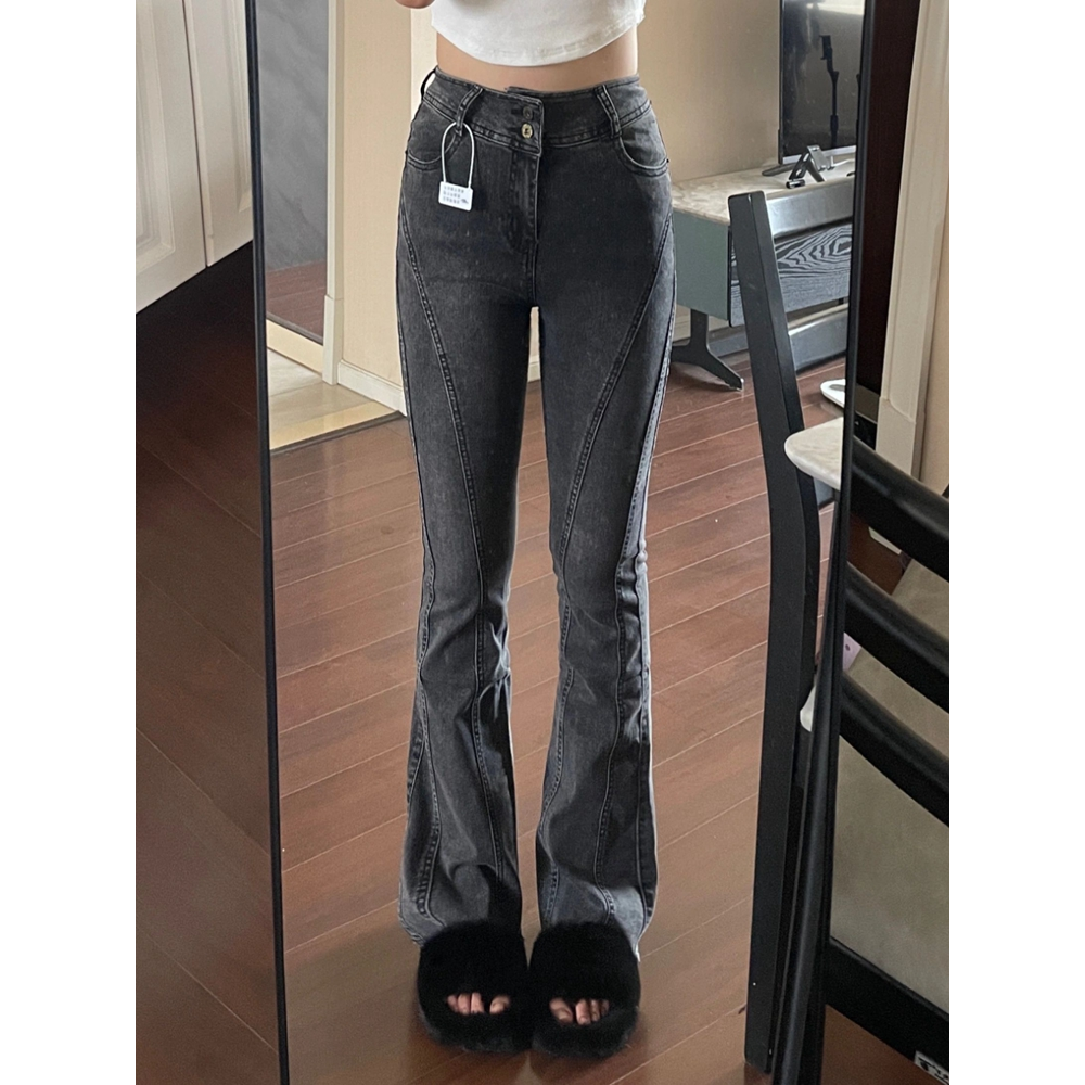 美式復古黑灰色微喇叭牛仔褲女秋季新款高腰修身彈力毛邊拖地褲子