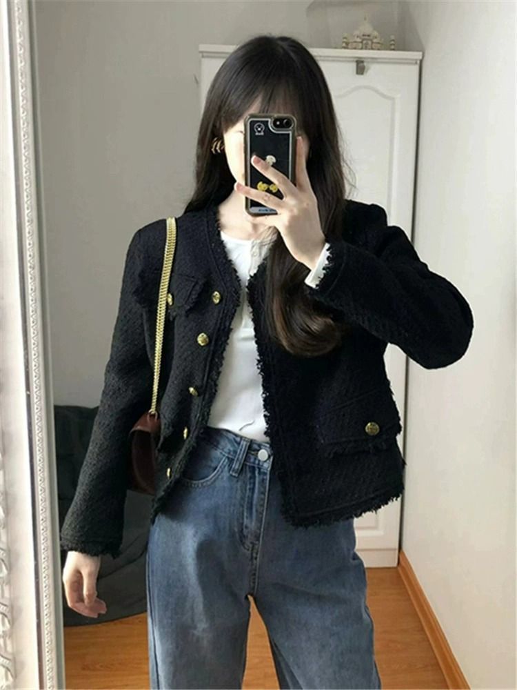 Early autumn black small fragrant jacket for women spring and autumn 2023 new style French lady temperament short top for small people