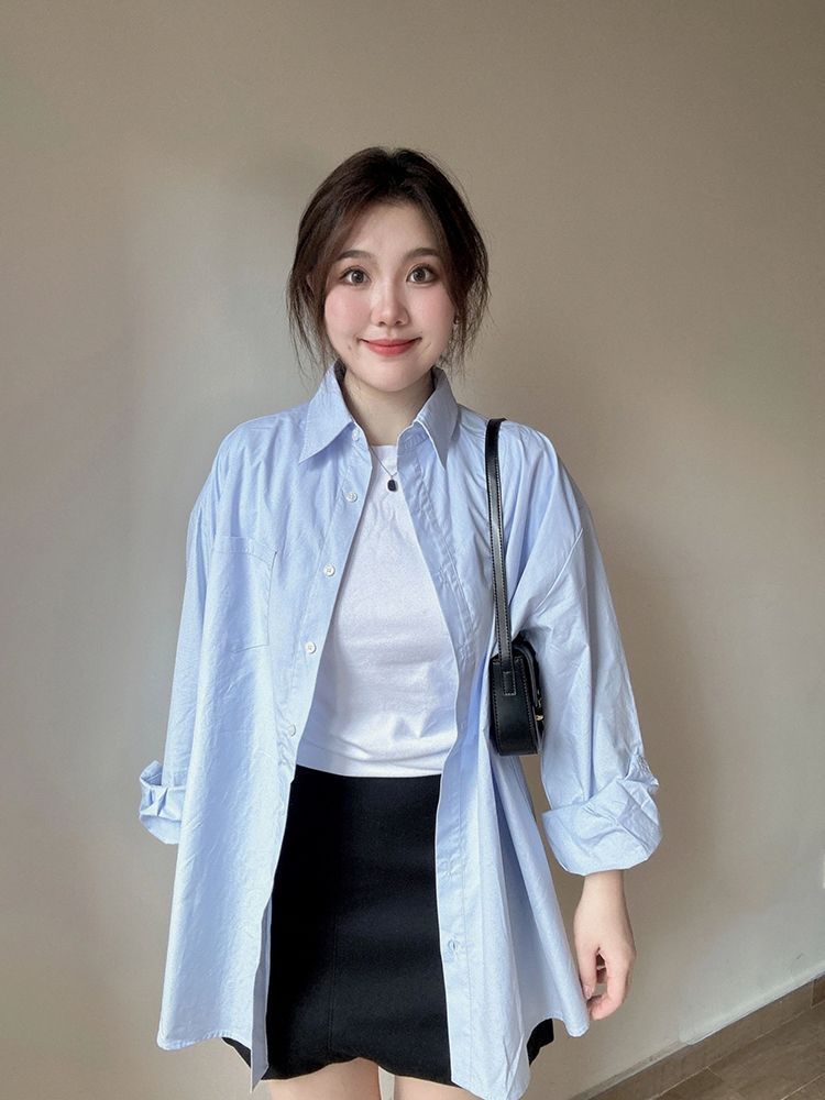 大碼女裝秋季套裝女2023新款韓系減齡高級感遮肉藍襯衫短裙兩件套