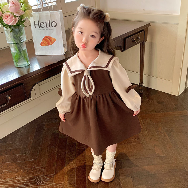 Girls Navy Neck Dress 2023 New Autumn Skirt Children's Baby Cute Long Sleeve College Style Princess Dress