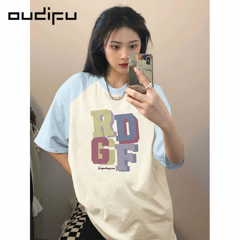 OUDIFU100%純棉多巴胺穿搭插肩短袖百搭t恤女夏季新款復古上衣潮