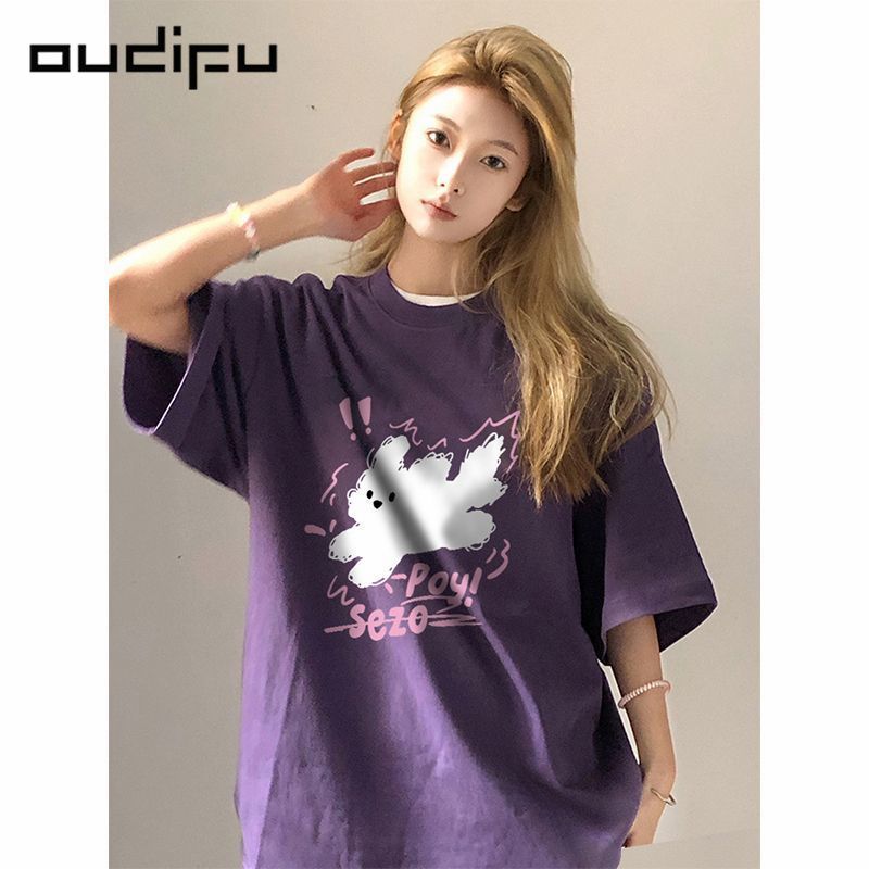 OUDIFU100%純棉高街潮牌短袖簡約t恤女夏季新款寬鬆半袖ins上衣潮