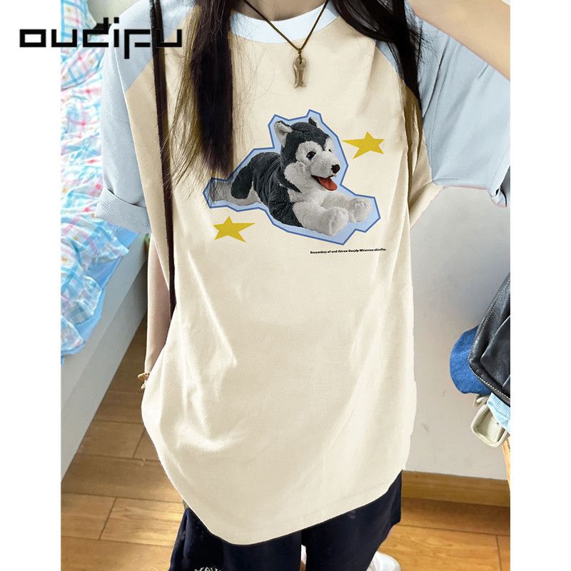 OUDIFU100%純棉美式復古插肩短袖拼接t恤女夏季新款印花上衣潮ins