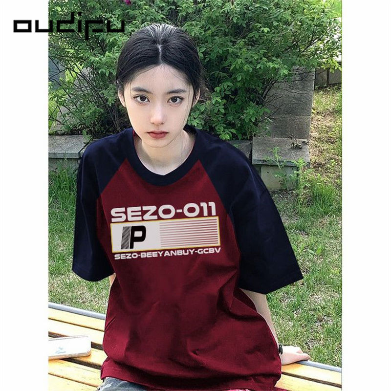 OUDIFU100%純棉美式插肩短袖t恤女夏季新款oversize國潮寬鬆上衣