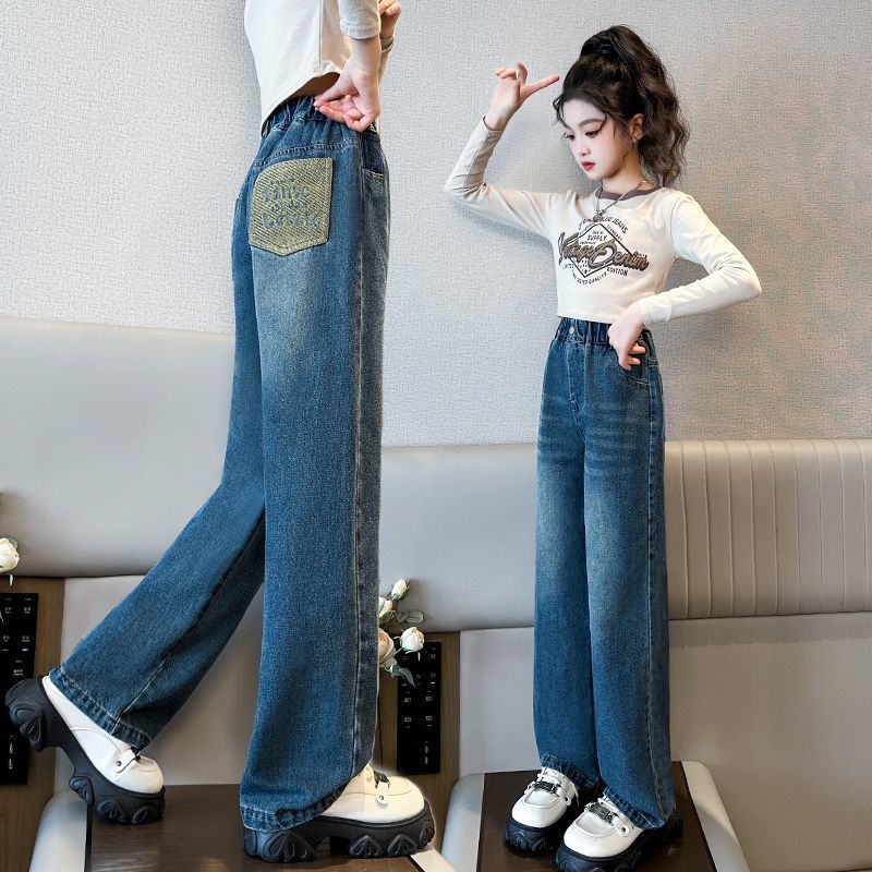 女童牛仔褲春秋2023新款兒童褲子秋裝女中大童秋季休閒時尚闊腿褲