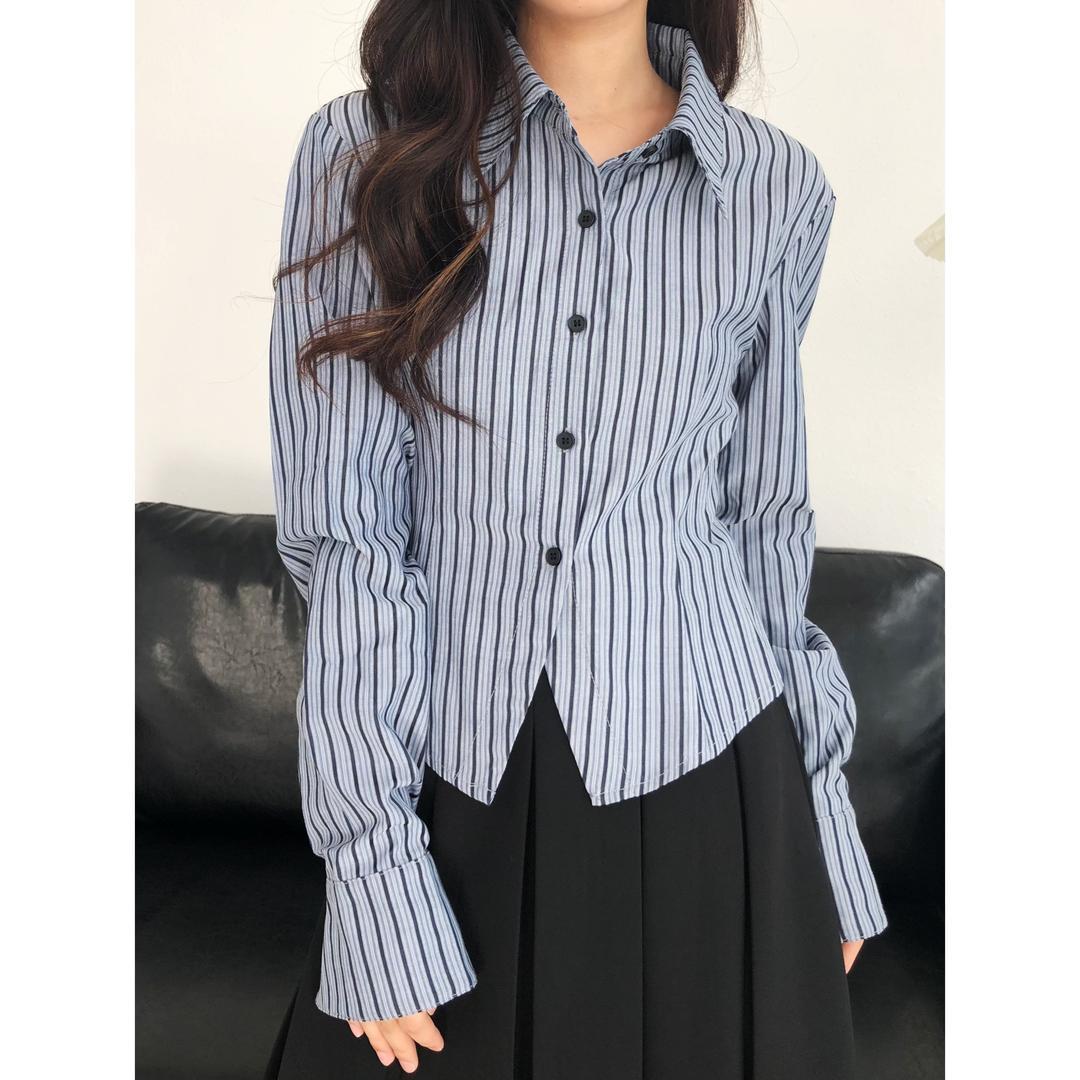 【心動歐尼】秋季新款本期B入顏值襯衫學院風藍色條紋領帶襯衣女