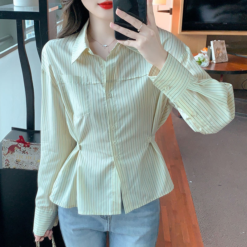 時尚條紋長袖女士襯衫秋裝2023年秋季新款女裝收腰顯瘦寬鬆襯衣