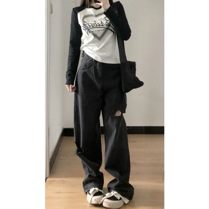 復古高街黑色破洞牛仔褲女秋季新款寬鬆顯瘦直筒闊腿拖地褲ins潮