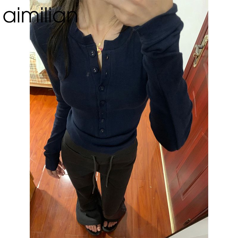 aimilian美式復古正肩長袖t恤女早秋設計感小眾修身顯瘦短款上衣
