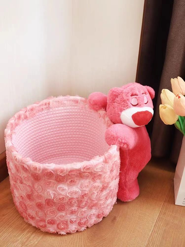 Ins style cartoon fabric storage bucket cosmetics desktop woven storage basket sundry round strawberry bear storage box
