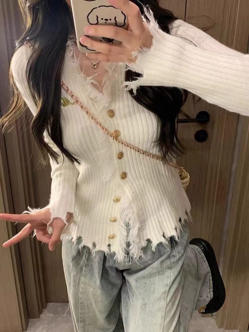 韓版hiphop新款白色紐扣針織衫女春秋顯瘦減齡毛邊設計感百搭外套