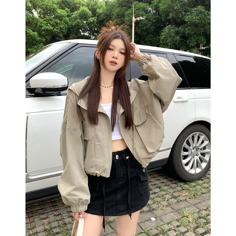 Khaki hooded work jacket for women in autumn, versatile, small, loose, lazy, casual cardigan short jacket