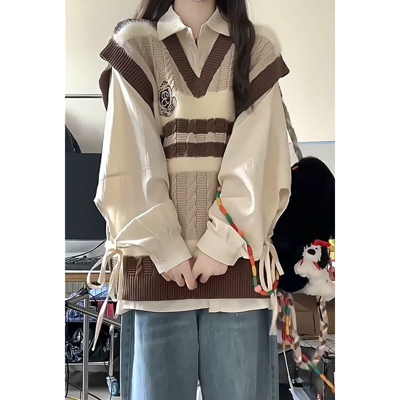學院風秋季兩件套刺繡針織馬甲背心毛衣女學生+杏色襯衫兩件/套裝