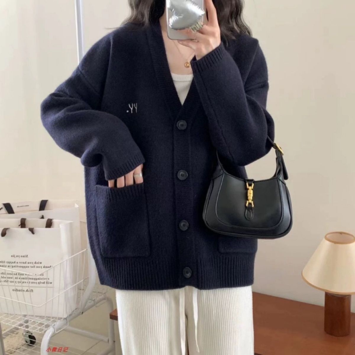 韓版2023秋冬新款字母刺繡毛衣外套女v領單排扣寬鬆慵懶風針織衫