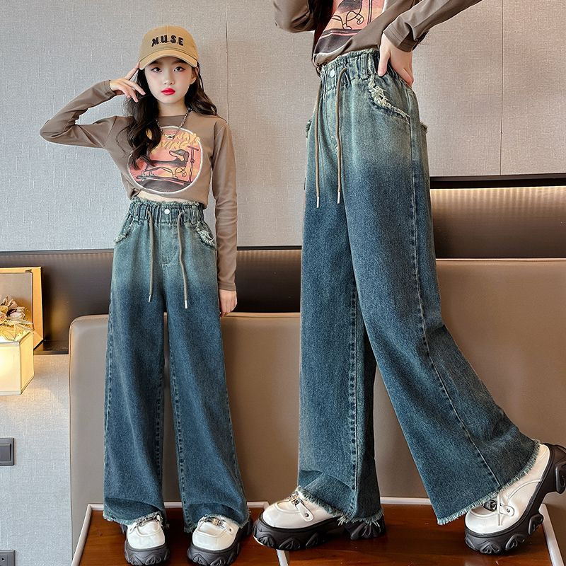 女童褲子春秋款兒童秋裝女孩寬鬆時髦洋氣闊腿褲中大童秋季牛仔褲