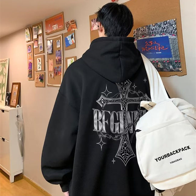 國潮高街嘻哈風連帽衛衣加絨加厚男十字架印花秋冬外套潮流美式