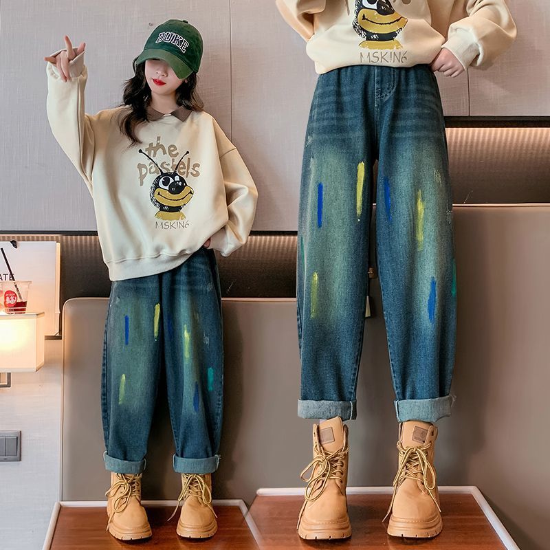 女童牛仔褲春秋2023新款外穿女大童秋裝時髦寬鬆休閒兒童秋款褲子