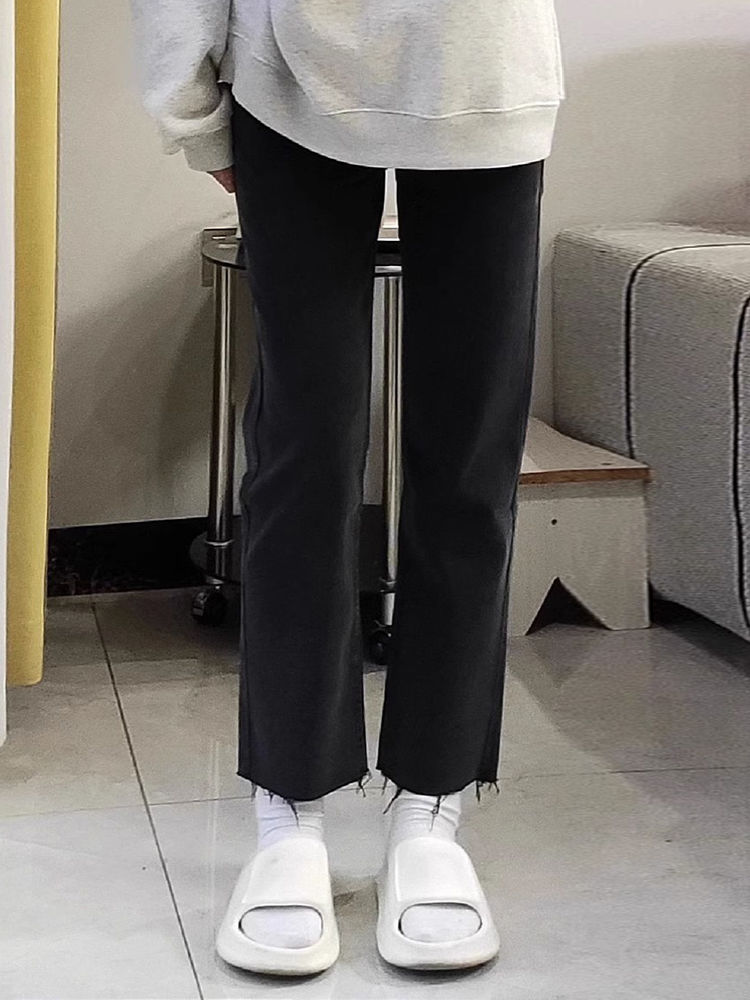 黑色毛邊直筒牛仔褲女秋季新款水洗高腰修身顯瘦百搭九分煙管褲子