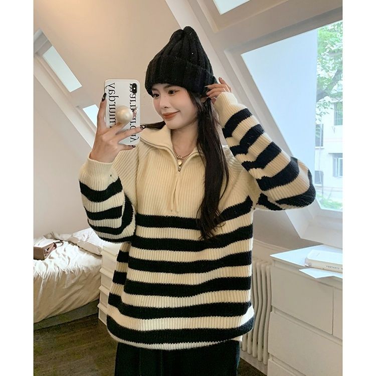 半高領拉鏈條紋套頭毛衣女秋冬季新款設計感韓版寬鬆長袖上衣女裝