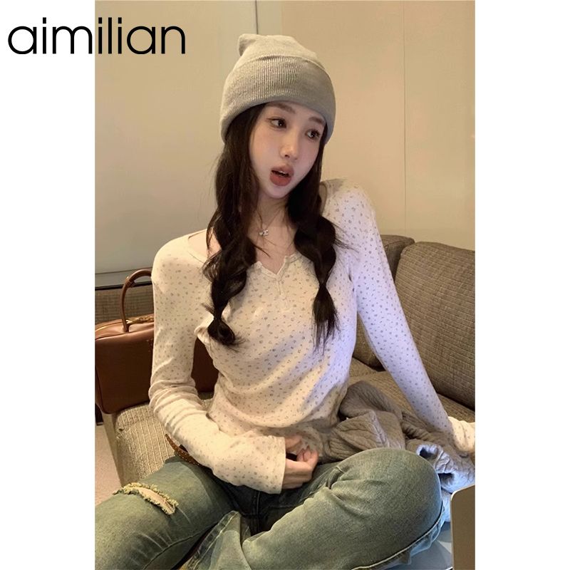 aimilian right shoulder floral long-sleeved T-shirt women's spring and autumn design niche slimming bottoming short top