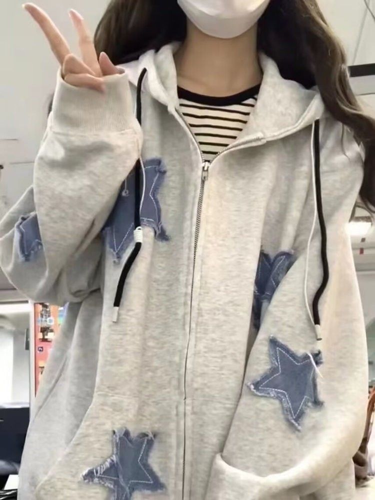 美式星星貼布連帽衛衣女薄款開衫外套春秋寬鬆慵懶風oversize外套