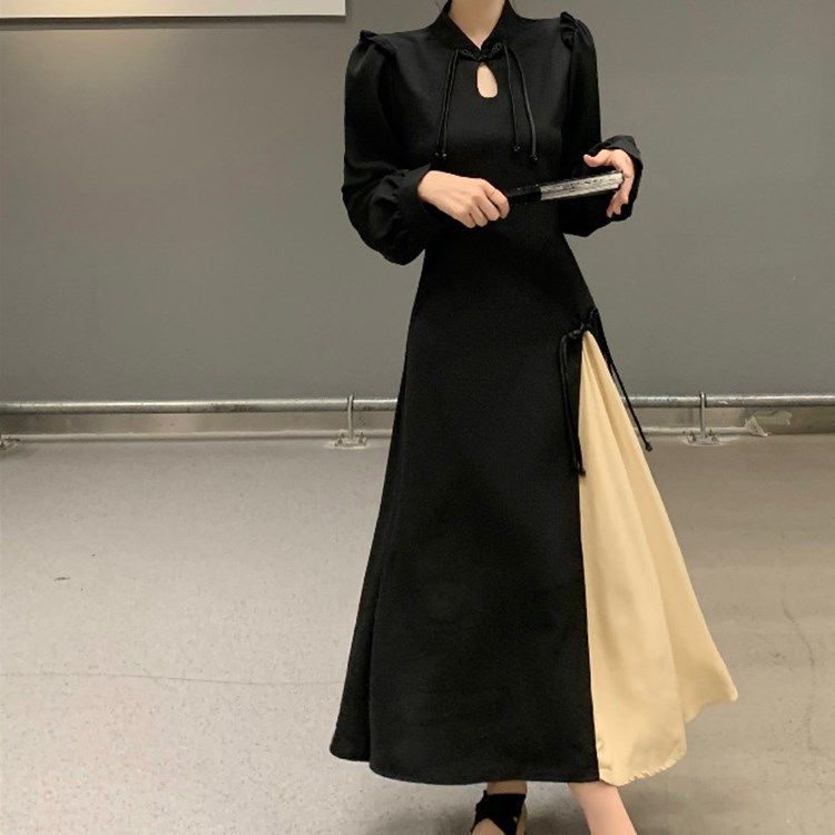 Large size retro national style new Chinese dress women's autumn and winter black skirt fat mm covers the belly and looks slim improved cheongsam skirt