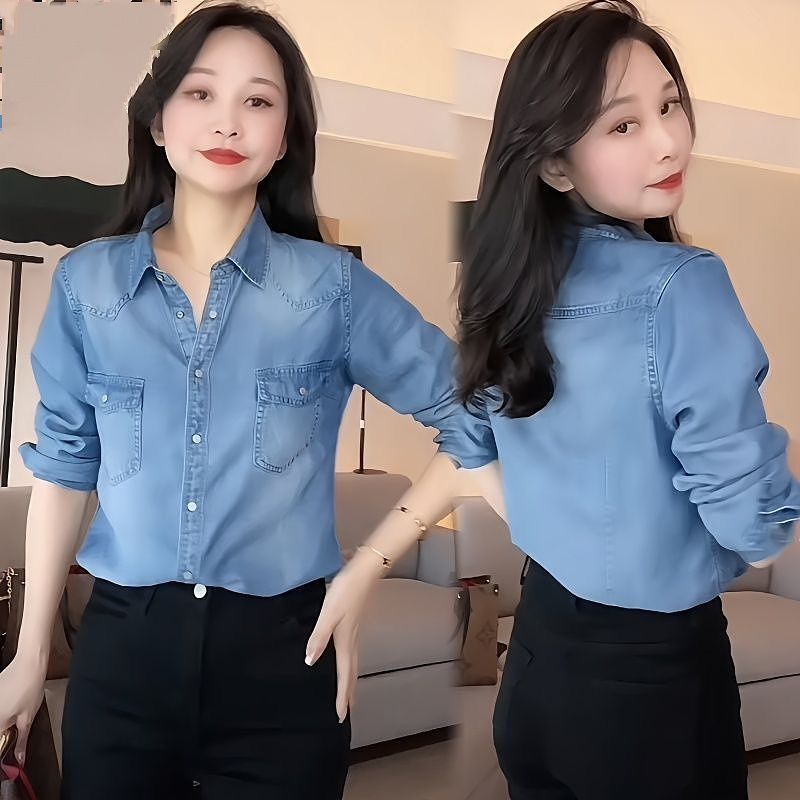藍海奕諾氣質休閒寬鬆顯瘦天絲牛仔襯衫外套女2023春裝疊穿襯衣女